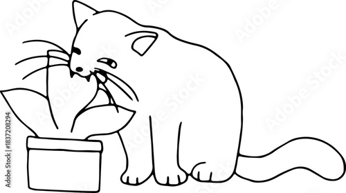 A cute funny cat sits with its eyes narrowed and gnaws on the leaves of a houseplant, drawn with crooked grunge lines