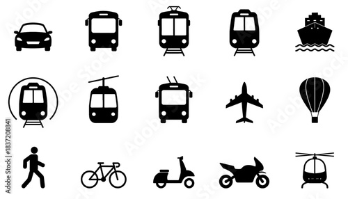 Set of Black Silhouette Icons Illustrating Various Modes of Transportation, Including Car, Bus, Train, Tram, Ship, Airplane, Hot Air Balloon, Motorcycle, and Bicycle, for Travel and Commuting.