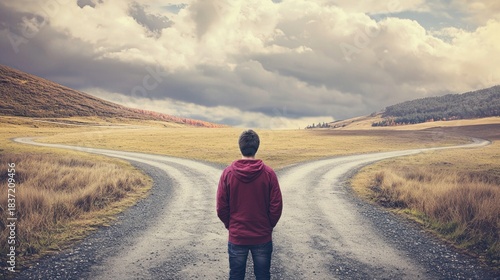 A person standing at a fork in the road contemplating a major life decision showing internal judgment
