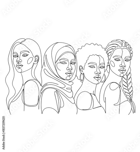 Continuous line art illustration of four diverse women representing different ethnicities and cultures.