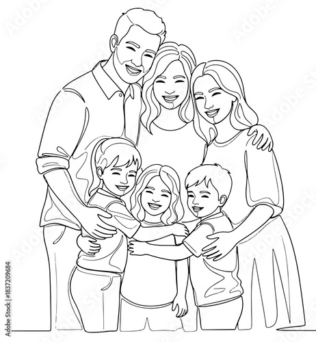 A happy family of six, two adults and four children, embracing each other with joyful smiles in a continuous line art drawing.