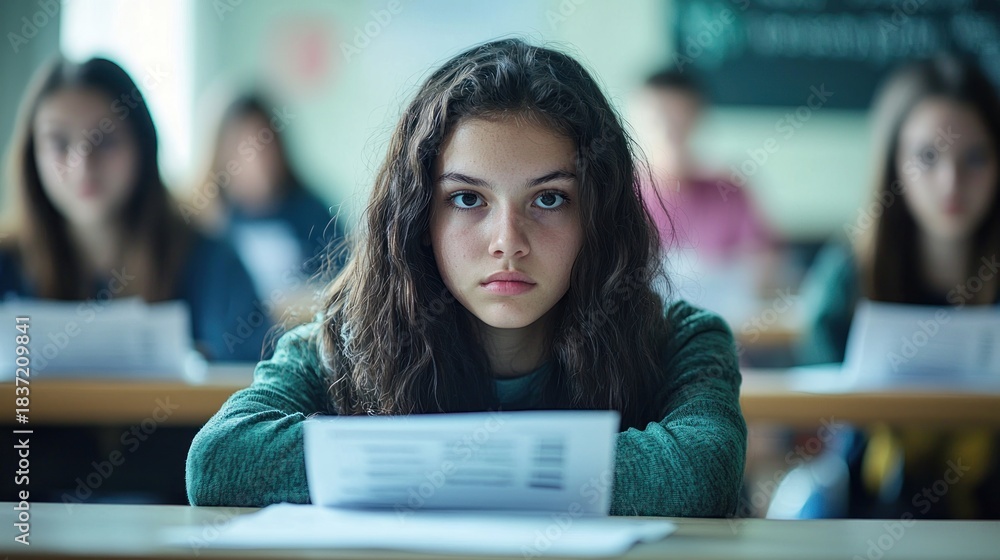 Fototapeta premium A student takes a final exam in a quiet classroom with focused expression surrounded by desks and exam papers