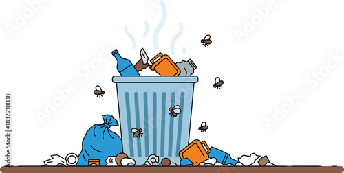Cartoon Vector Illustration of an Overflowing Trash Can and Spilled Garbage, Surrounded by Flies, Ideal for Recycling, Pollution, Environmental Issues, and Waste Management Concepts.