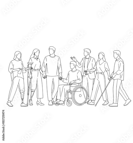 A diverse group of people, including individuals with disabilities, standing together in a line art illustration.