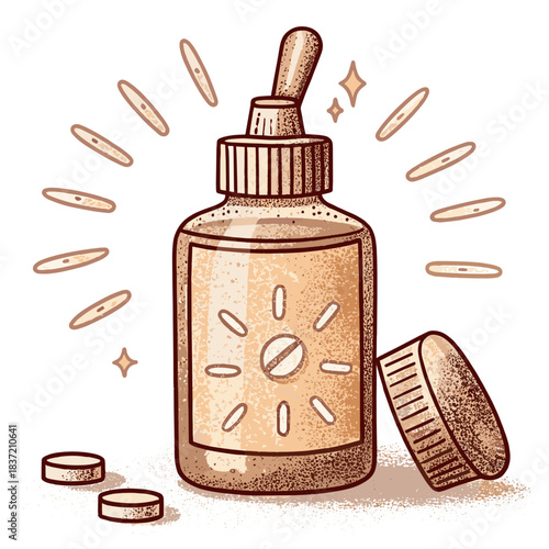 Cough syrup bottle with tablets in vintage style and warm colors  