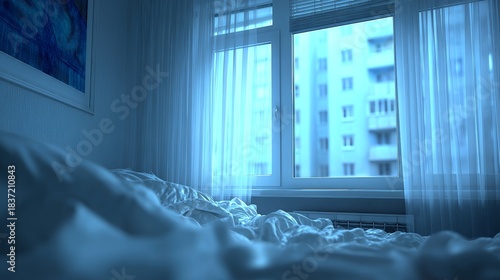 Blue Morning Light Streaming Through Bedroom Window.