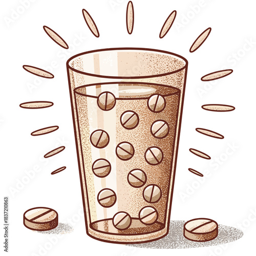 Glass of water with medicine pills glowing illustration concept  