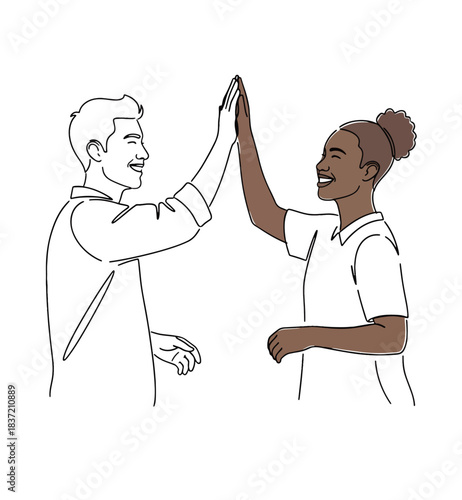Two happy people, a man and a woman, giving a high five in a minimalist line art style, celebrating success or teamwork.
