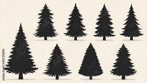 Set of nine black silhouette evergreen pine tree icons for design