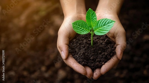 A close-up of hands gently holding a sapling against a background of rich soil symbolizing nature conservation and hope