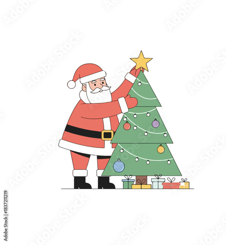 Santa Claus in a red suit and hat placing a golden star on top of a green Christmas tree decorated with ornaments and lights, with presents underneath.
