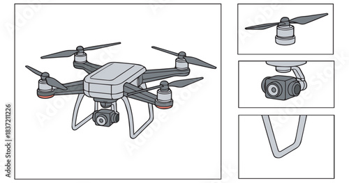 Detailed illustration of a quadcopter drone with close-ups of its propellers, gimbal, and landing gear.