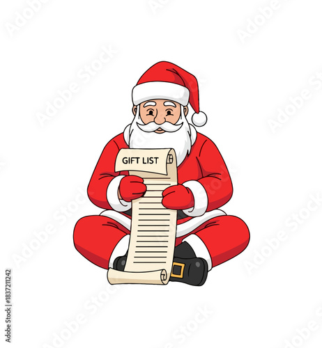 Cartoon illustration of Santa Claus sitting cross-legged and reading a long gift list scroll, dressed in his traditional red suit and hat.