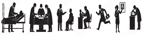 Silhouettes depicting various medical professionals and scientists engaged in patient care, surgery, consultation, research, and administrative tasks.