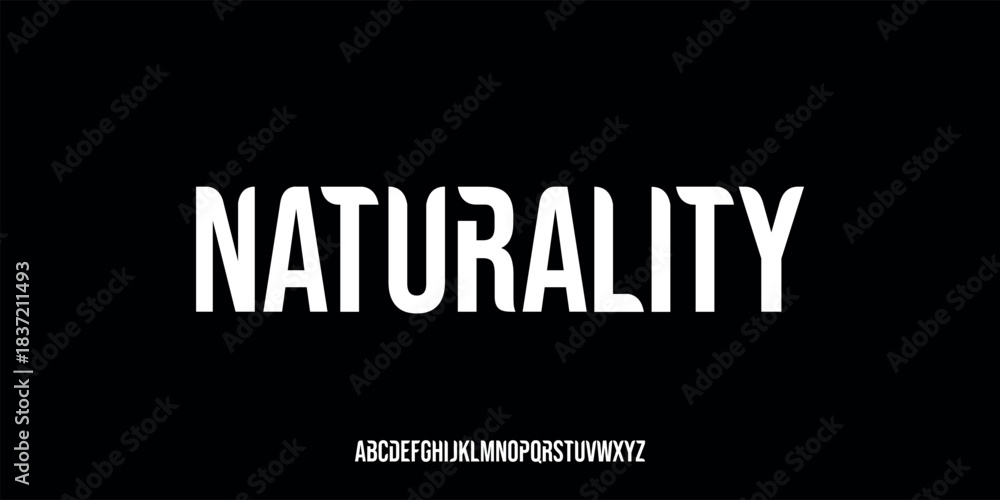 Obraz premium A vector illustration of a modern sans serif alphabet font featuring tall, slender, and bold letterforms. Each character features a unique curved cut, giving it a natural, futuristic feel.