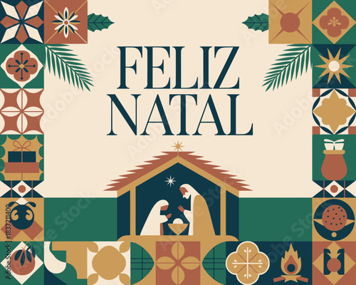Feliz Natal Christmas Greetings with Nativity, Food, and Gifts