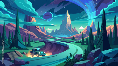 Fantastic Frontiers: a dreamlike, tech-infused landscape in flat vector style