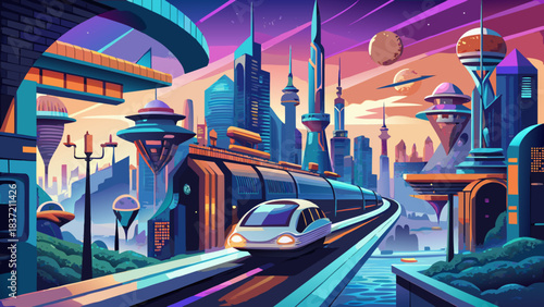Time Warp travel scene with retrofuturist cityscape in bold vector style