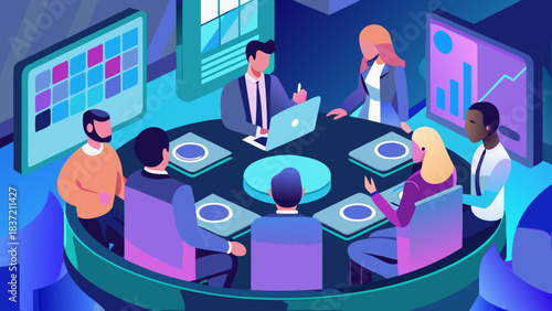 AI-augmented teamwork in a futuristic vector workspace