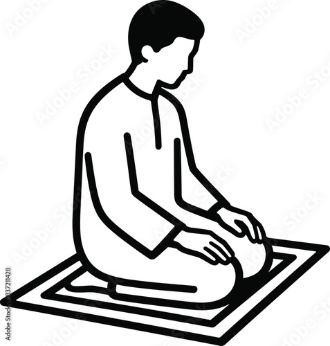 Muslim man kneeling on prayer rug representing islamic worship and devotion for qibla direction
