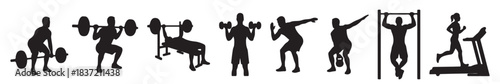 A collection of black silhouettes depicting various fitness exercises and gym activities, including weightlifting, bodyweight training, and cardio.