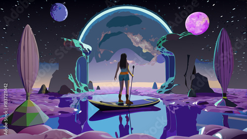 Surreal frontier vectors in bold. Traveler explores a floating world.