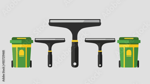 Graphic illustration of squeegee tools and recycling bins