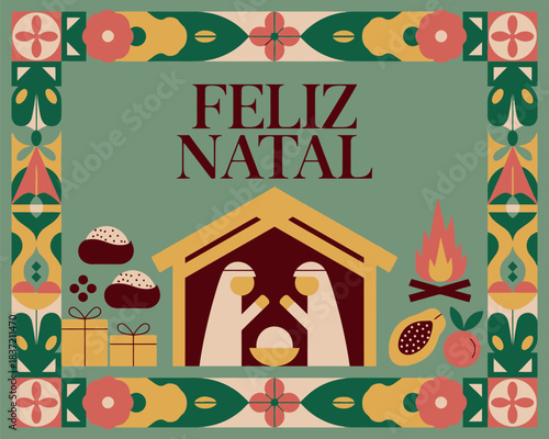 Feliz Natal Christmas Greetings with Gifts and Fire