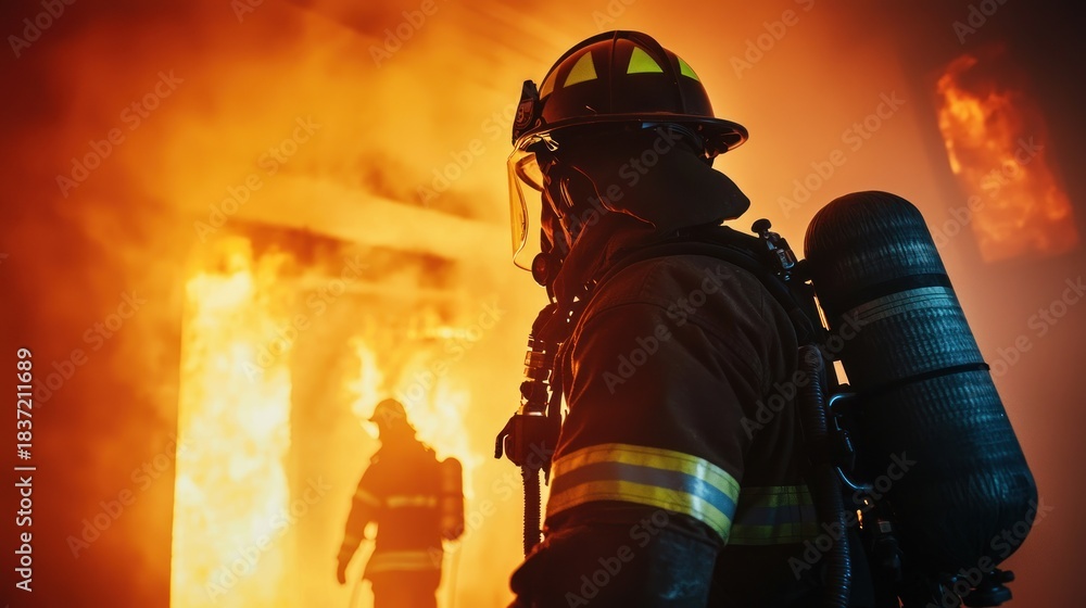 Naklejka premium A firefighter in full gear battles a blaze inside a residential building while coordinating with teammates during a high-intensity emergency situation
