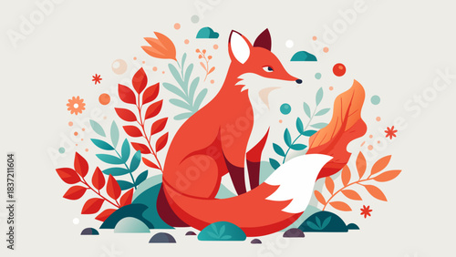 Nature-inspired fox among leaves in calm flat vector Aesthetic