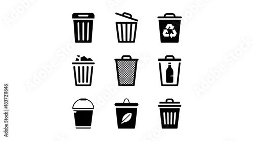 Collection of modern black and white simple trash can icons perfect for recycling and waste management designs