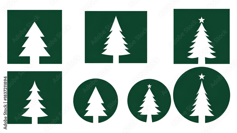 Obraz premium Set of stylized white christmas tree icons in green square circle