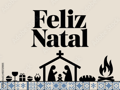 Feliz Natal Christmas Greetings with Nativity, Food, and Gifts