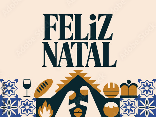 Feliz Natal Christmas Greetings with Nativity, Food, and Gifts