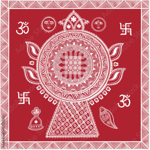 Traditional Aipan art, Duliarg chowki, a ceremonial platform using intricate white paste patterns against a red background, is set up at the bride's house during the wedding ceremony in Uttarakhand.