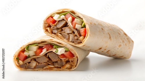 Delicious Shawarma Wrap Filled With Meat Tomatoes Cucumber and White Cheese