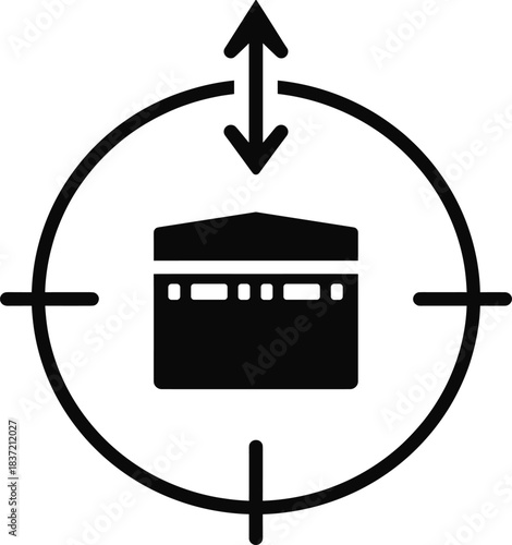 Kaaba in mecca, target icon with arrow indicating qibla direction, essential for muslim pray icon and pilgrimage