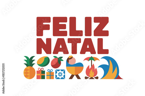 Feliz Natal Christmas Greetings with Gifts and Fire