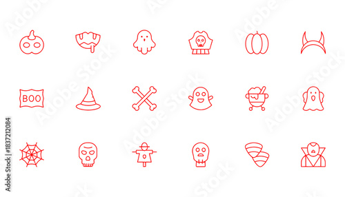 Set of Red Line Icons Representing Halloween Holiday Symbols, Including Jack-o'-Lanterns, Ghosts, Witches' Hats, Skulls, Scarecrows, Crossbones, Spiderwebs, and Vampire Faces.
