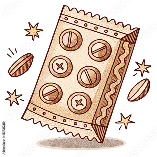 Cough drops package with lozenges in playful illustration style  