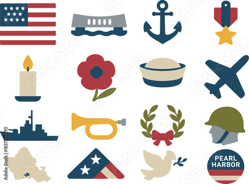 National Pearl Harbor Remembrance Day Icon Set with Military and Tribute Symbols
