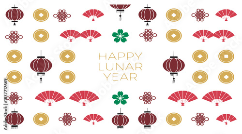 Happy Lunar Year greeting card with traditional Chinese festive elements like lanterns, coins, fans, knots, and plum blossoms on a white background.