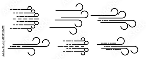 Wind Blow Line Icon Set Air Flow Symbols, Fresh Breeze Motion Lines, Cloud Air Speed Sign, Windy Weather Illustration, Storm Breeze Vector Elements for Forecast and Climate Designs - Vector