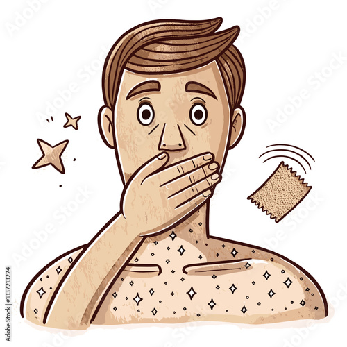 Young man covering his mouth in surprise with stars and doodles  