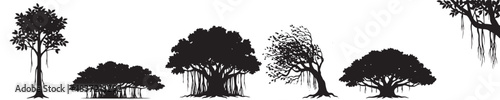 Collection of various tree silhouettes, including banyan trees with aerial roots, isolated on a white background.