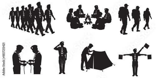 Silhouettes of people engaged in various outdoor scouting and camping activities including marching, campfire, hiking, and tent setup.