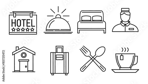 Set of Black Outline Icons Representing Hotel, Hospitality, and Travel Services, Including Room Service, Luggage, Accommodation, Bellhop, and Dining Symbols, Isolated Vector Illustration.
