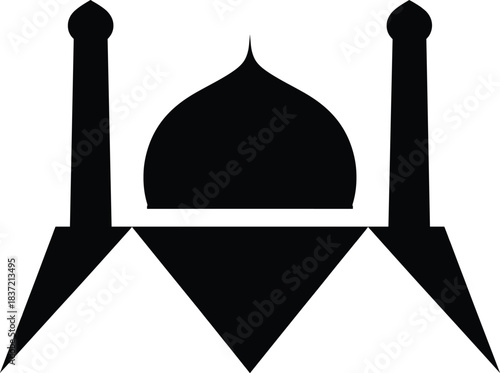 Abstract mosque silhouette design with dome and two minarets muslim pray icon showing qibla direction