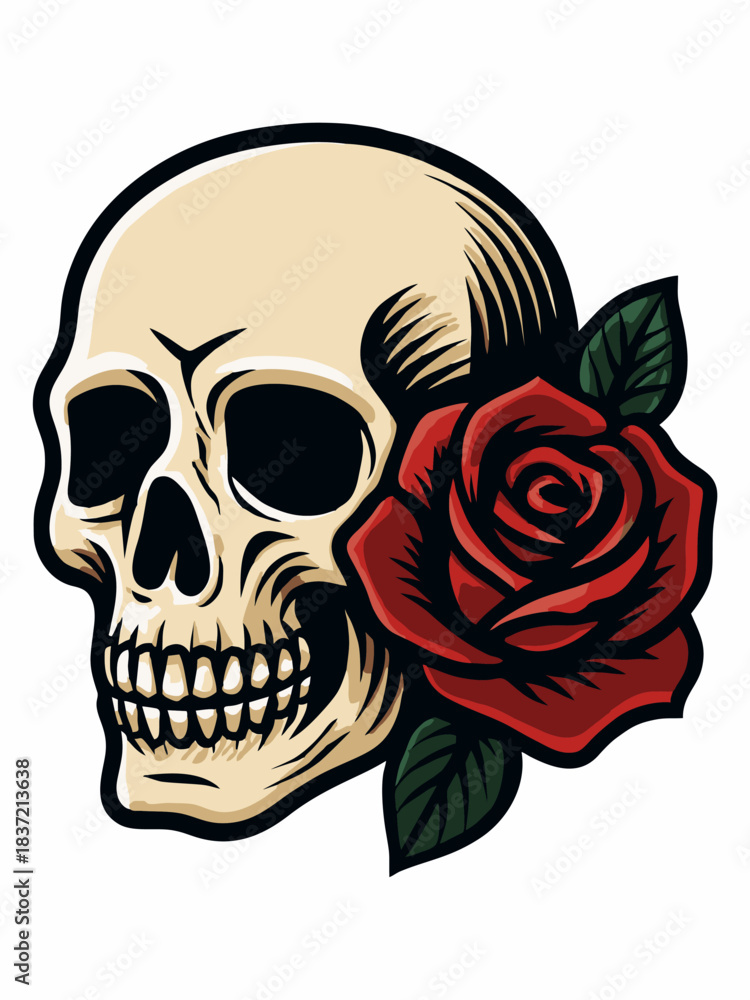 Fototapeta premium Vector illustration of a human skull with red roses