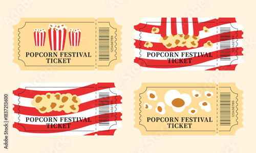 Retro popcorn festival tickets set for World Popcorn Day celebration and party events. Vintage style admission tickets with popcorn illustrations.